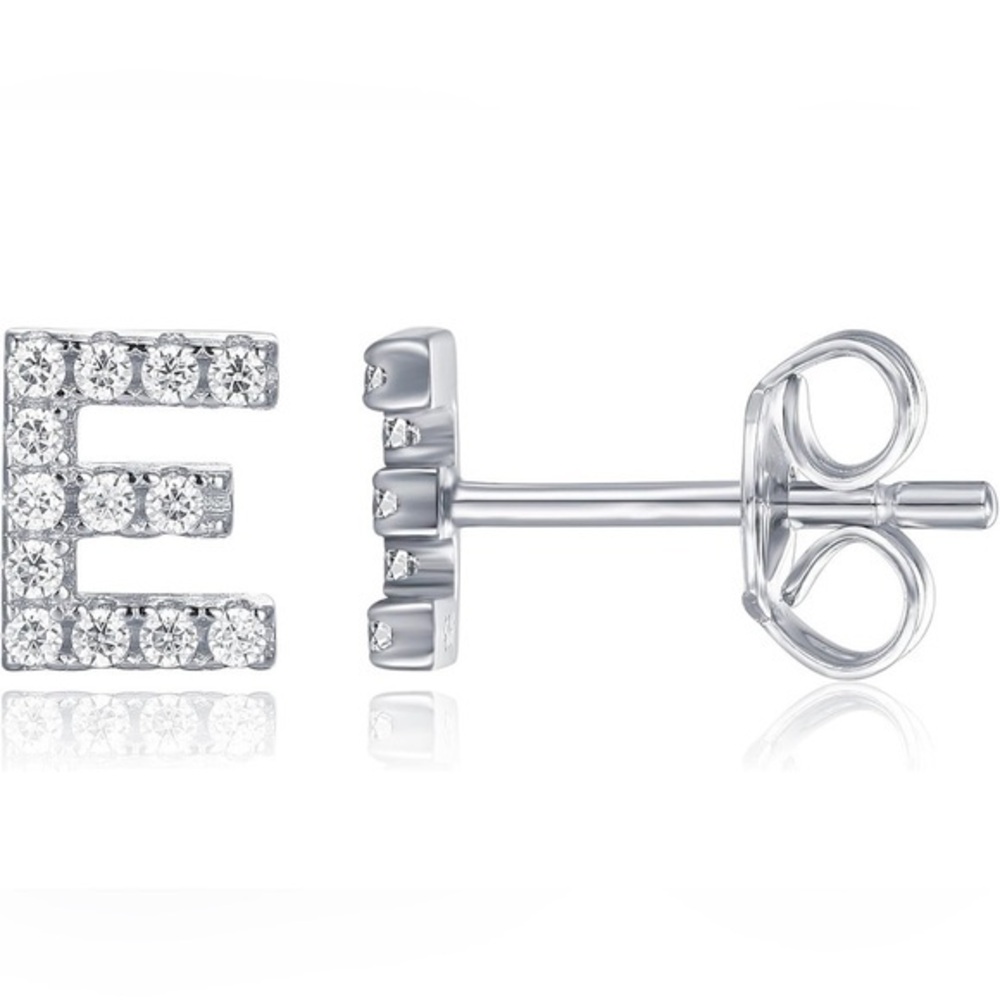 PAVOI 925 Sterling Silver CZ Initial E Stud Earrings White Gold Tone